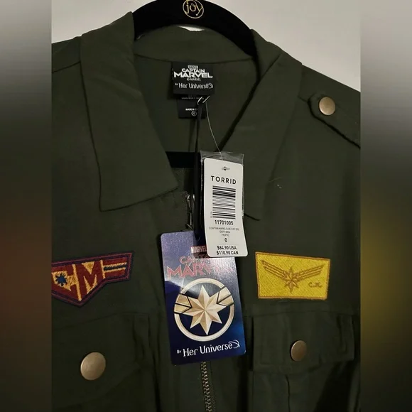 Her Universe Captain Marvel Olive Patchwork Shirt Dress NWT Size L 12 - Picture 8 of 15